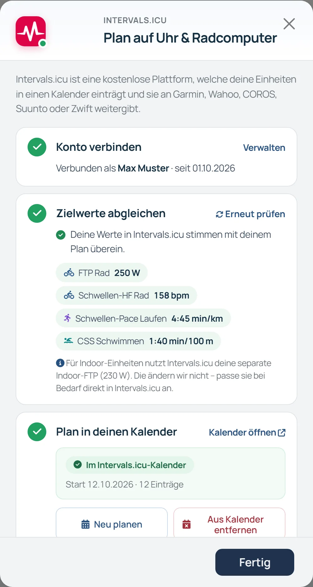 Fenster „Plan auf Uhr & Radcomputer“ mit drei grünen Haken: Konto verbunden, Zielwerte stimmen überein, Plan im Intervals.icu-Kalender