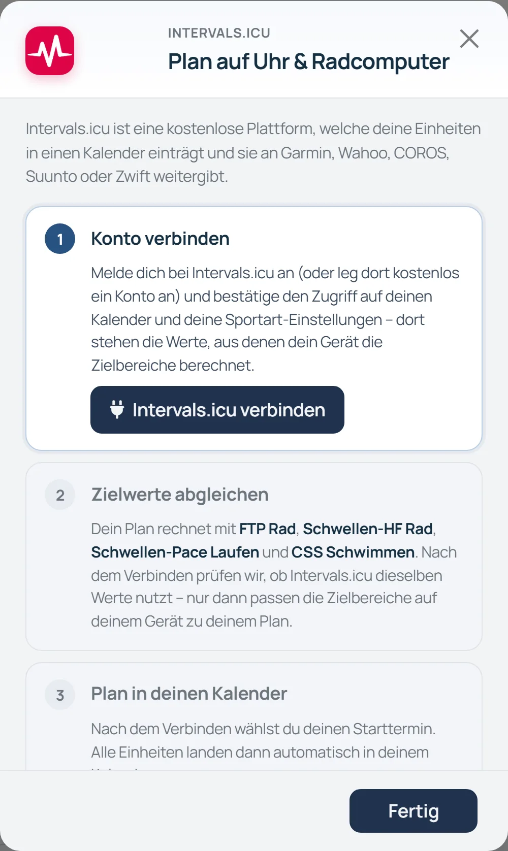 Fenster „Plan auf Uhr & Radcomputer“ mit Schritt 1 „Konto verbinden“ und dem Knopf „Intervals.icu verbinden“