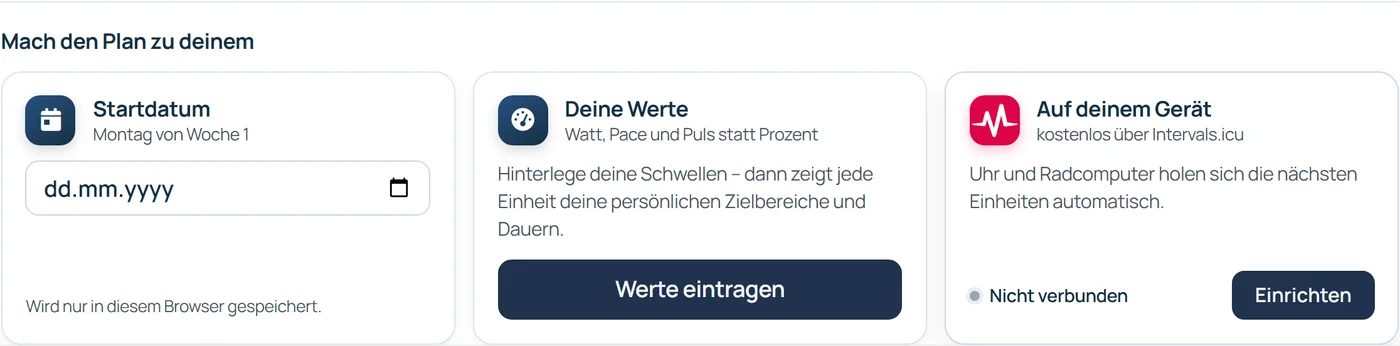 Bereich „Mach den Plan zu deinem“ mit den Kacheln Startdatum, Deine Werte und Auf deinem Gerät