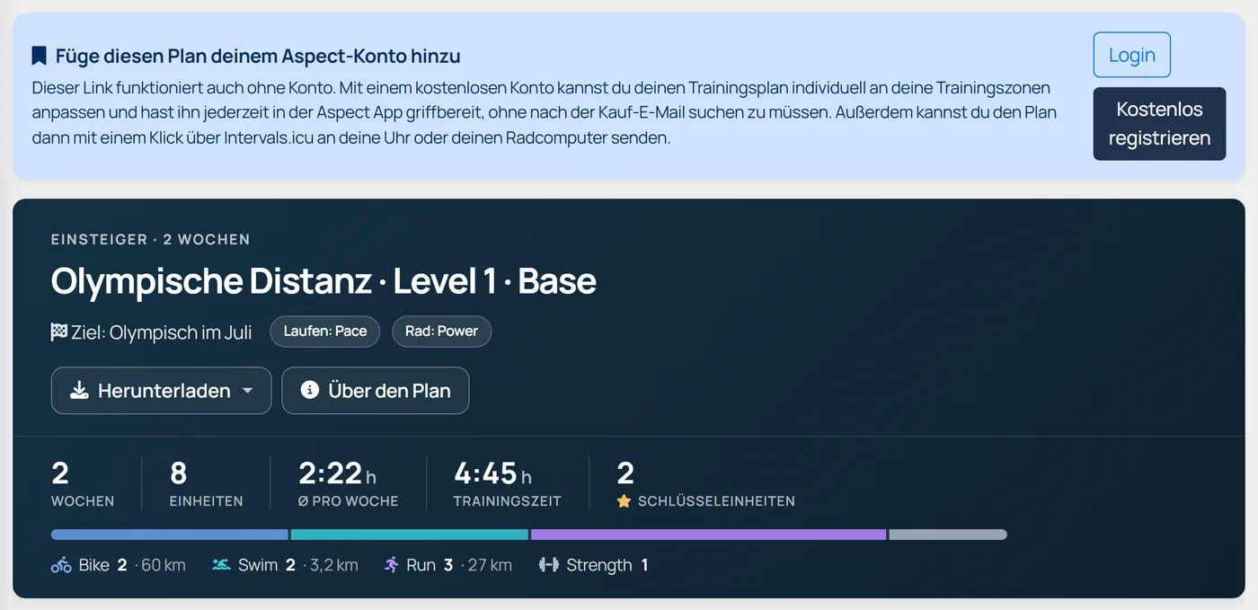 Planseite in der Aspect App mit dem Hinweis „Füge diesen Plan deinem Aspect-Konto hinzu“ und den Knöpfen „Login“ und „Kostenlos registrieren“