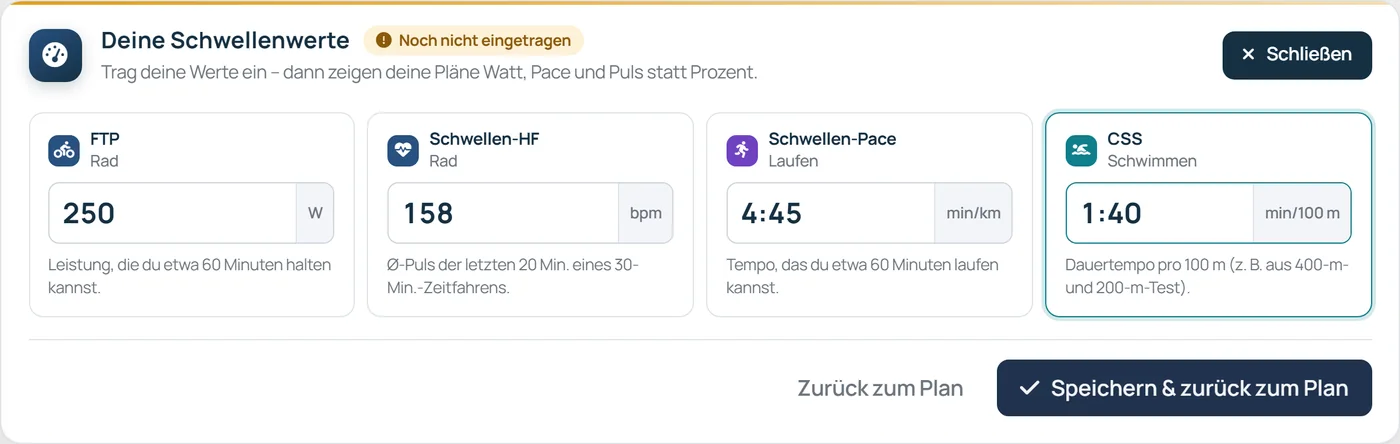 Eingabe „Deine Schwellenwerte“ mit FTP, Schwellen-HF, Schwellen-Pace und CSS und dem Knopf „Speichern & zurück zum Plan“