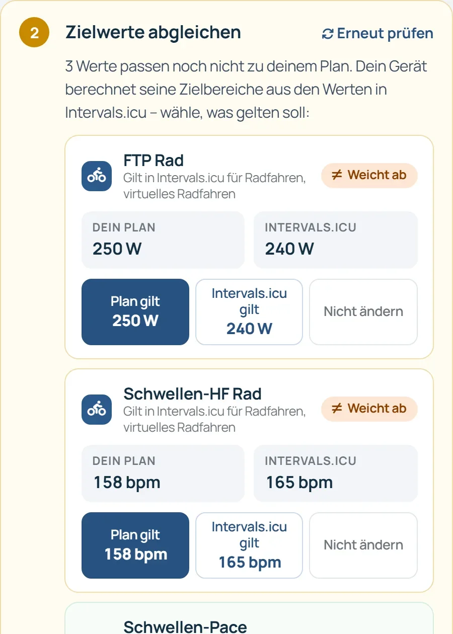Schritt „Zielwerte abgleichen“: FTP Rad 250 W im Plan und 240 W in Intervals.icu, Auswahl „Plan gilt“, „Intervals.icu gilt“ oder „Nicht ändern“